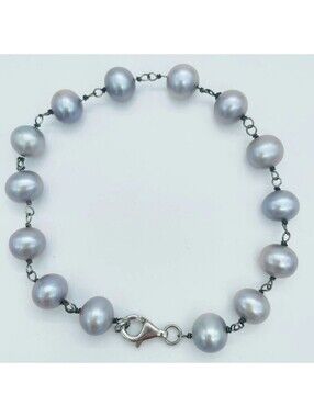 Gray Cultured Pearl Station Link Bracelet Sterling Silver 925 Peacock Luster